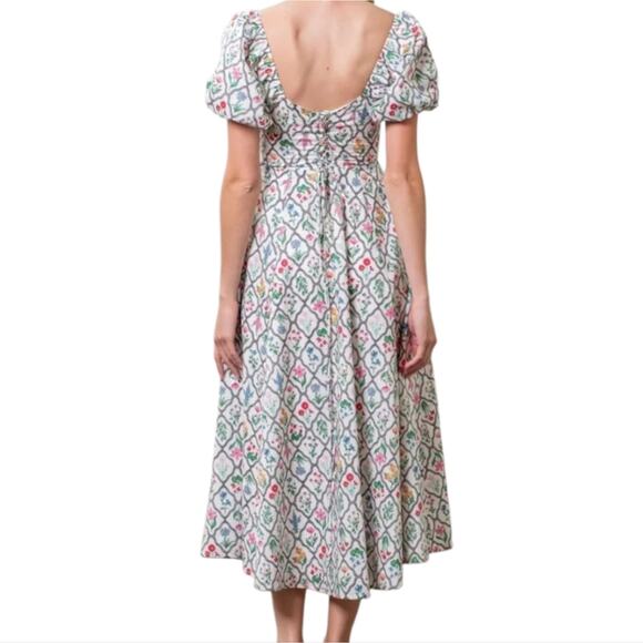 Anthropologie X Moon River Puff Sleeve Corset Midi Dress Ivory Multi Floral Med - Picture 2 of 11